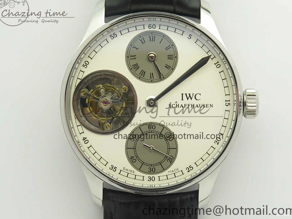 MIROTIME 0426 Upgraded Portuguese Flying Tourbillon SS White Dial 2 Sub Dials on Black Leather Strap 7161